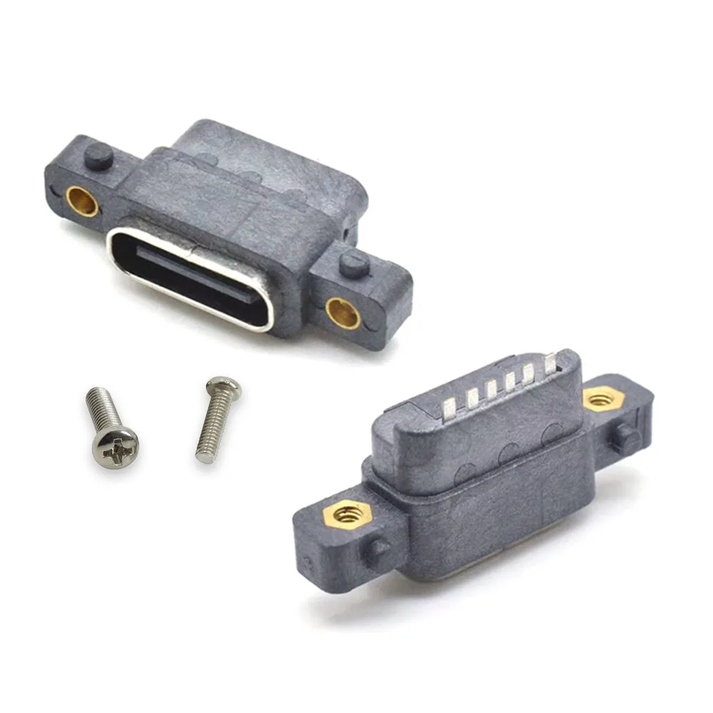 1pc TYPE C 2/6Pin Waterproof Female USB C Socket Port With Screw Hole Fast Charge Charging Interface 180 Degree USB Connector