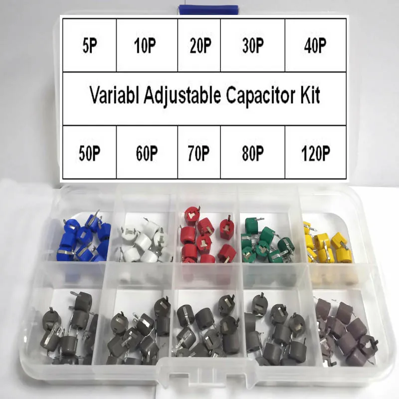 

100Pcs 10value 6mm 5/10/20/30/40/50/60/70/80/120P Adjustable Capacitors Variable Capacitor Kit set