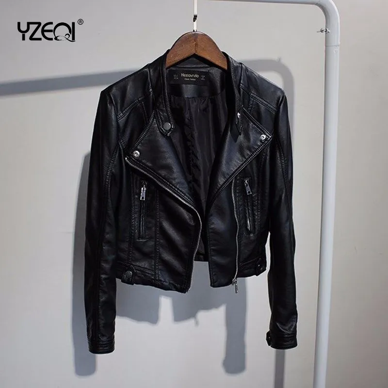 Yzeqi Spring Autumn Women Fashion Biker Leather Jacket Soft Pu Punk Black Zipper Outwear Biker Casual Faux Leather White Jacket