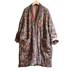 Parkas de lino y algodón con estampado Floral para mujer, abrigos largos con cuello en v, abrigos gruesos y holgados de gran tamaño, abrigos acolchados de estilo chino, invierno