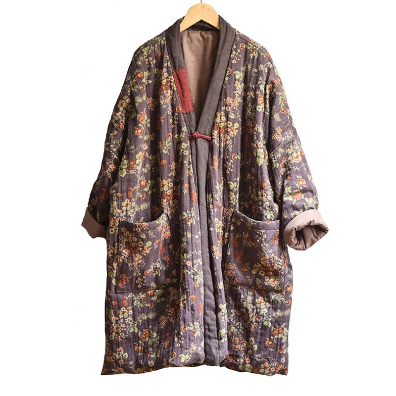 Print Floral Parkas Women Cotton Linen Button V-Neck Long Winter Warm Coats Thick Oversized Baggy Chinese style Padded Coats