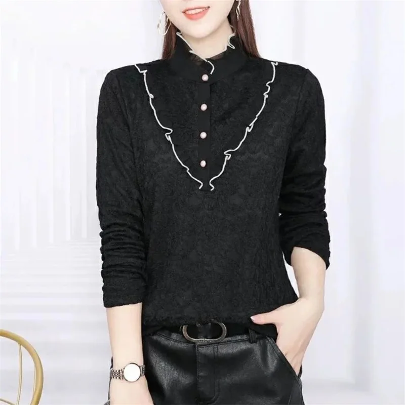 Lace Shirt Women Autumn Winter Fleece Half-High Collar With Warm Mesh Bottoming Blouses Thickening Middle-Aged Top Winter