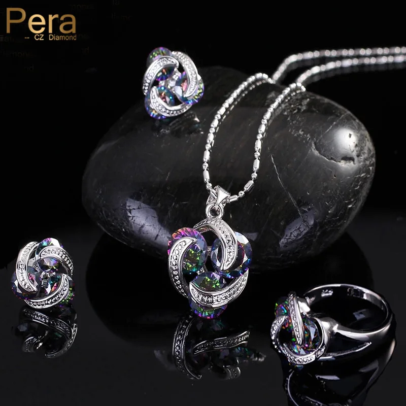 Pera Fashion Women 3Pcs Jewelry Gift Rainbow Round Mystic Cubic Zirconia Stone Necklace and Earrings Ring Sets for Girls J097