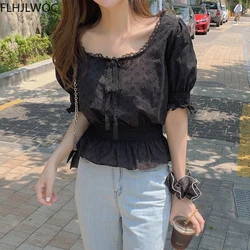 Chic Desing New Hot Sales Preppy Style Girls Bow Tie Tops Cute Sweet Korean Black Lace Shirts