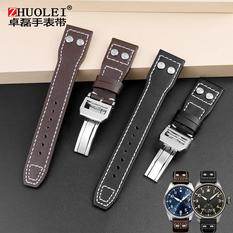 Genuine Leather Rivets Watchband For IWC Big Pilot Spitfire Brown Black Cowhide Folding Buckle Watch Men Strap 21x18mm 22x18mm