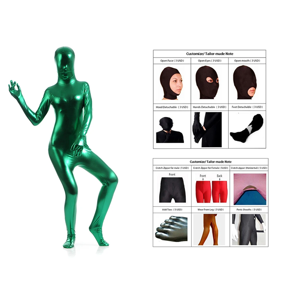 2018 Miễn Phí Vận Chuyển Bodysuit Bóng Sáng Xanh Nữ Unitard Catsuits Kim Loại Chân Dây Kéo Zentai Bodysuit Có Thể Tùy Chỉnh