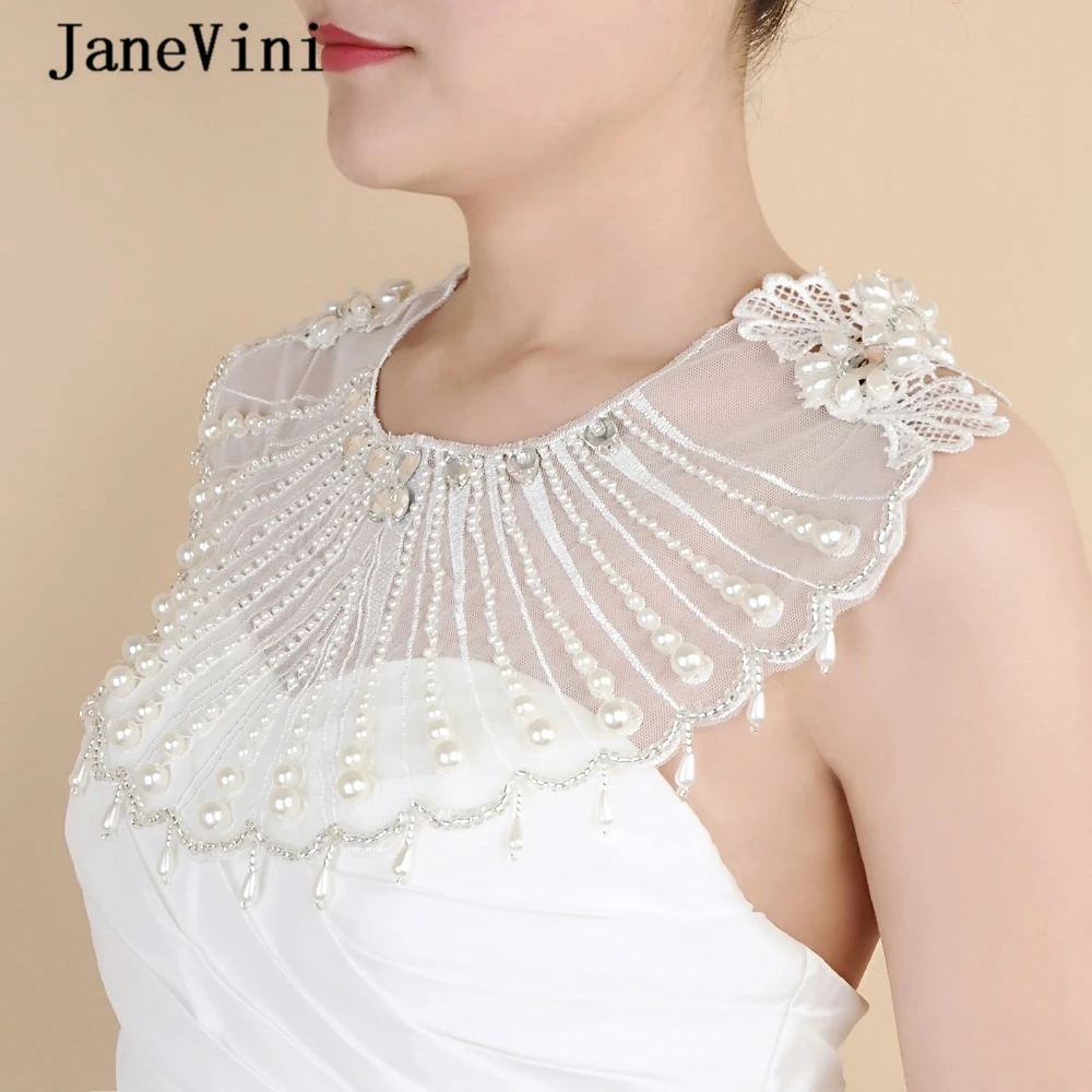 

JaneVini New Elegant Pearls Bridal Choker Necklace Handmade Applique Women Shoulder Chain Lace Strap Jewelry Wedding Accessories