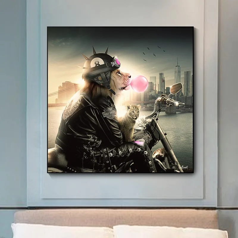 Lion Riding Motorcycle Canvas Painting Poster and The Lion Blowing Bubbles Prints Painting Wall Pictures for Living Room Home