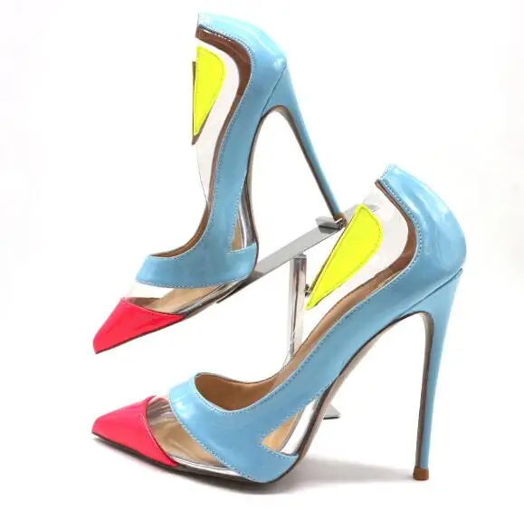 Fashion Pointed Toe Neon Contrast PVC Patchwork Woman High Heel Shoes Mixed Colors Cutouts Thin Heels Pumps Lady Shoe