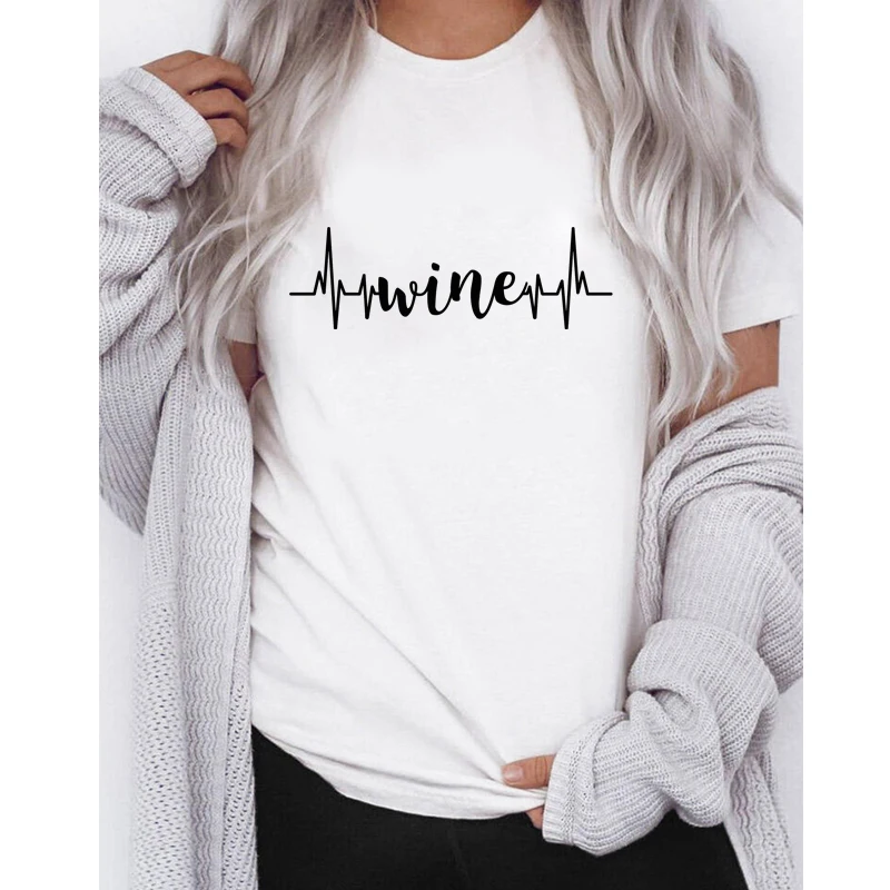 Wine Heartbeat 100% Cotton T-shirt Cute Women's Day Drinking Graphic Tee Shirt Top Funny Wine Lover Gift Tshirt Dropshipping