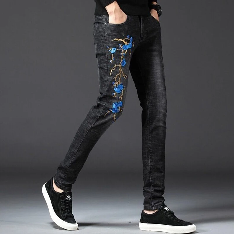 Korea Version Men’s High Quality Noble Black Jeans,Slim Stretch Jeans,Light Luxury Embroidery Jeans, Stylish Sexy Street Jeans;