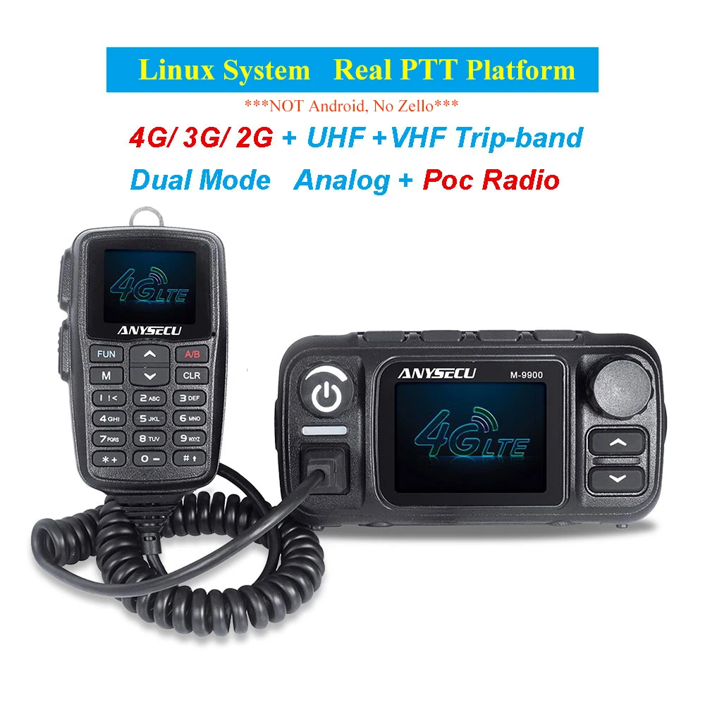 Anysecu M-9900 4G LTE POC VHF UHF Dual Mode Mobile Radio 25W Ham Radio Station Walkie Talkie Communciator Real PTT Network Radio