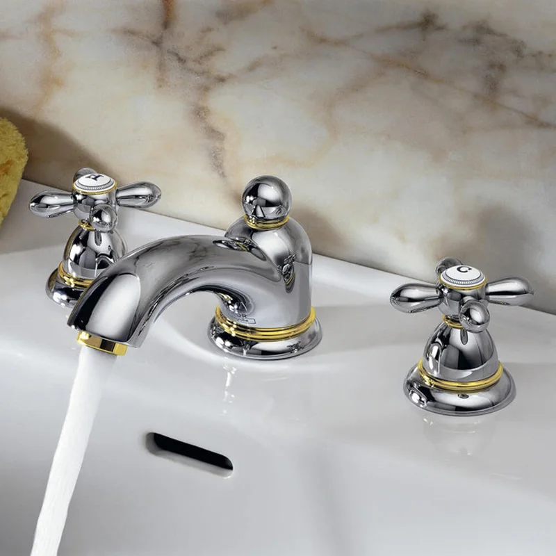 Top quality all brass Gold and Chrome bathroom sink faucet three holes two handles basin mixer faucet Exquisite artistic tap