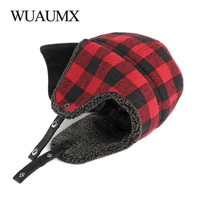 Winter Bomber Hats Men Thicken Russian Trapper Hat Earflap Baseball cap Red Black Plaid Windproof Bomber Hat For Women