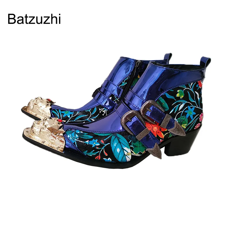 Bazuzhi-男性用の手作りのゴールドメタルのつま先の高級ブーツ,青い革のアンクルブーツ,ジッパーとロックバックル,パーティーや結婚式の靴
