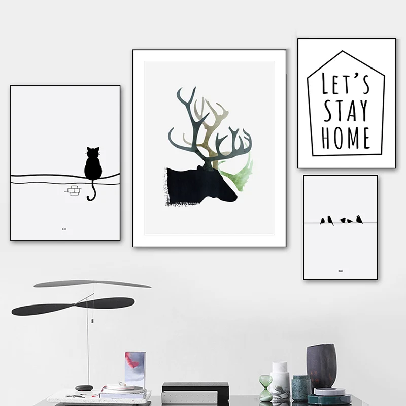 

Minimalist Modern Decor Poster Black & White Animal Sika Deer Bird Cat Canvas Painting Home Decoration Background Wall