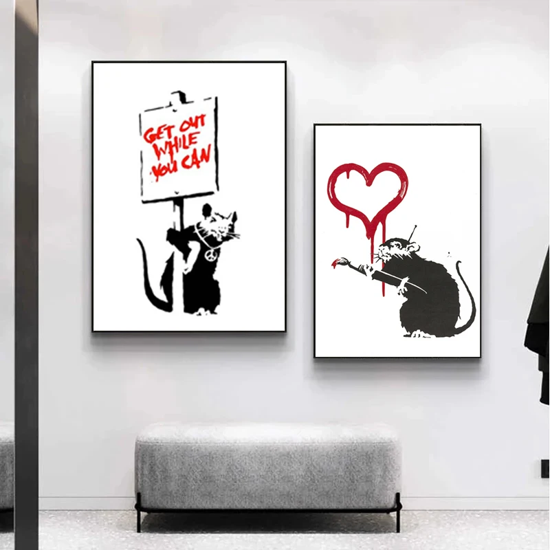 الحديث الكتابة على الجدران الفني قماش الطلاء فتاة مع بالون أحمر ملصق أسود أبيض مجردة جدار صور للعيش ديكور المنزل #2