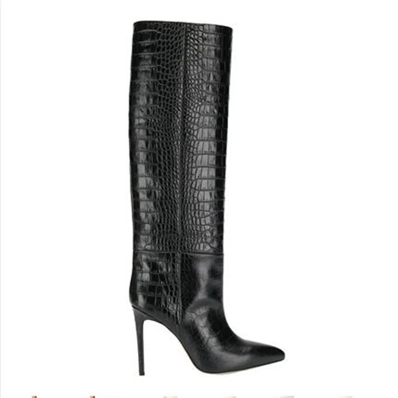 Sexy Crocodile Leather Knee High Boots Pointed Toe Stiletto Heel Tight High Boots Runway High Heel Dress Shoes Orange Red Pink