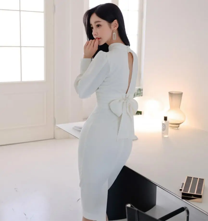 New Korean Ladies Temperament Slim Waist Lacing Up Back Hollow Out Fashion Sexy Package Hip Dress s1907