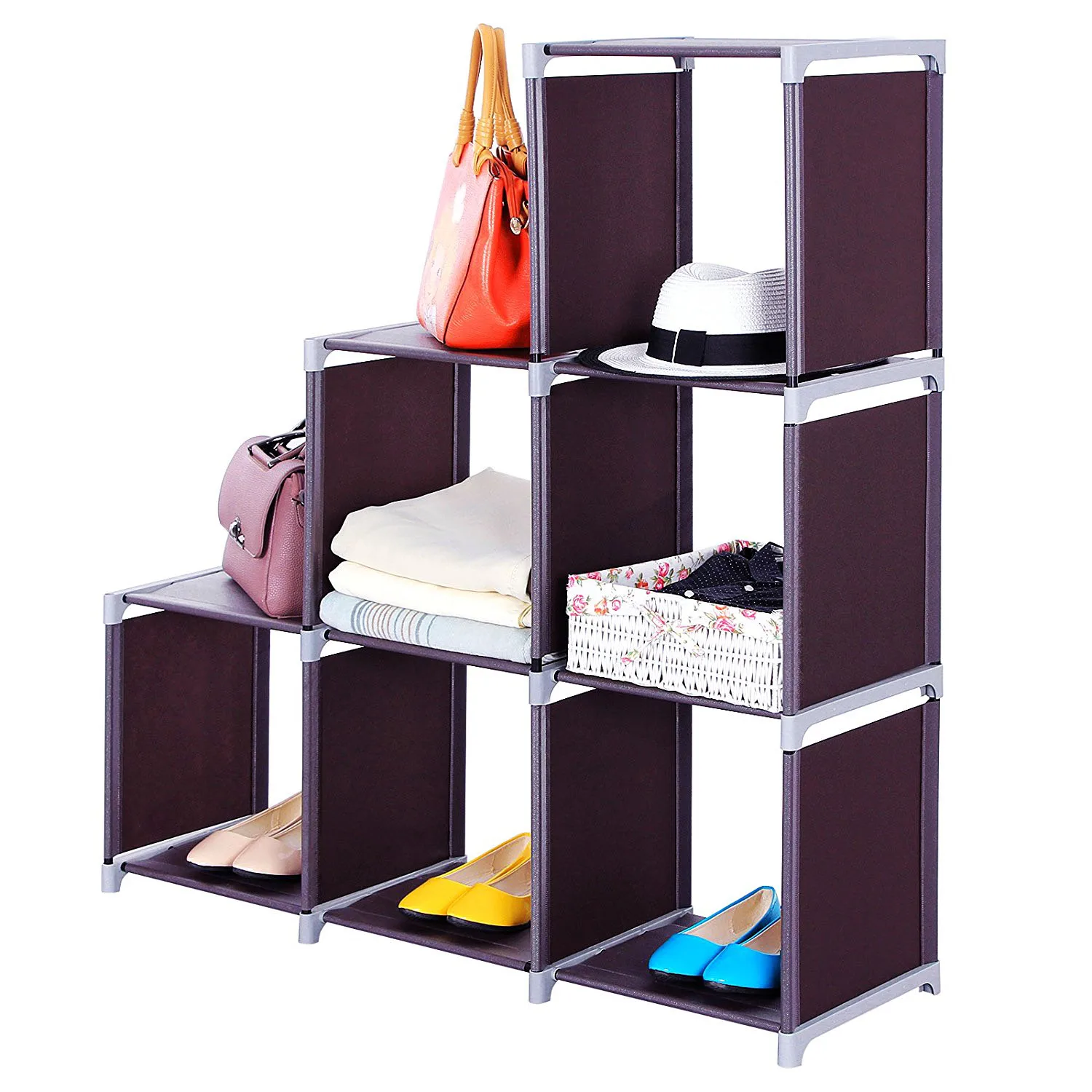 Multifunctional Assembled 3 Tiers 6 Compartments Storage Shelf Dark Brown Open Shelf Bookcase  Shelves Rack