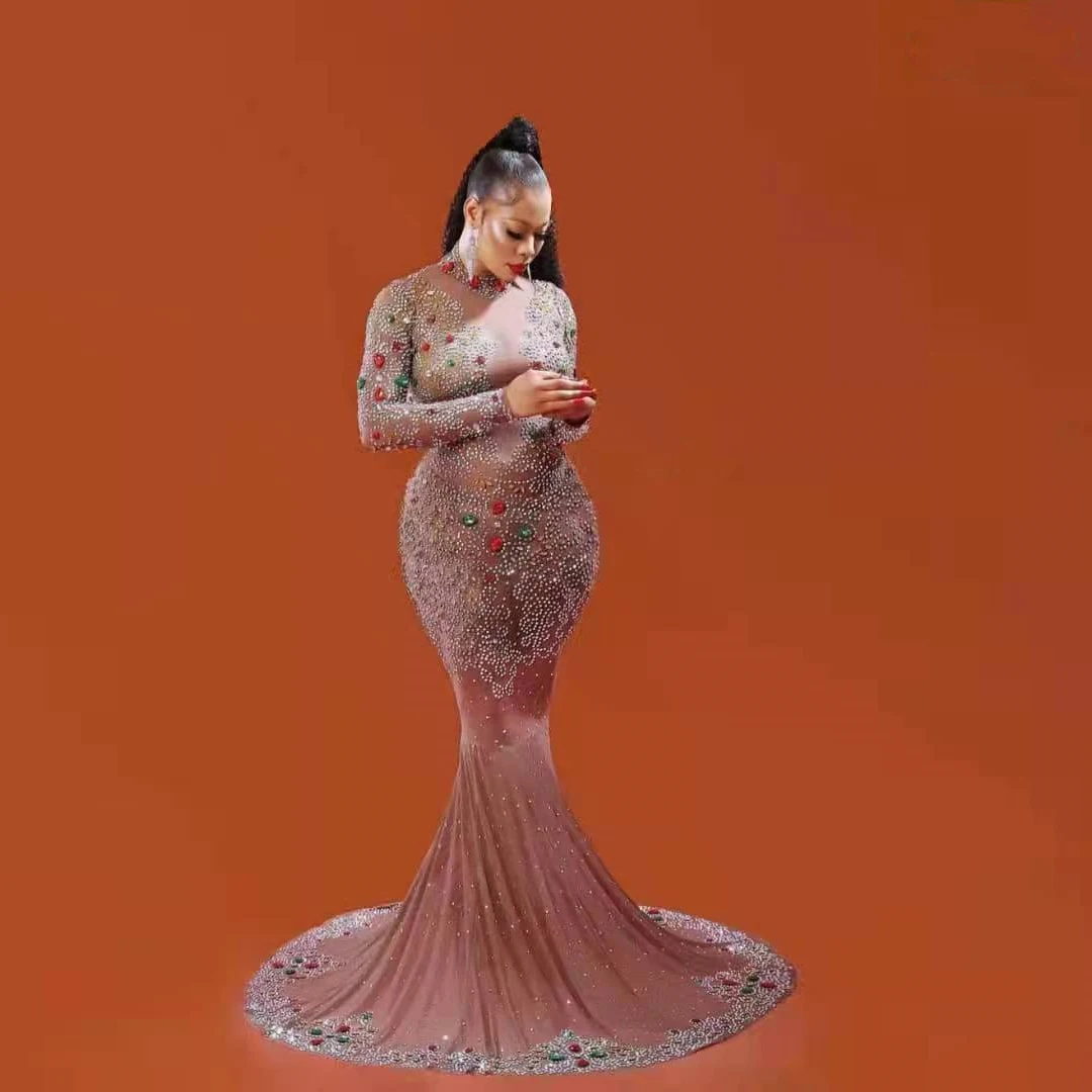 

Elegant Wedding Party Rhinestone Mermaid Dress for Women Sexy Evening Long Dress Prom Crystal Trailing Dress Stage Costumes