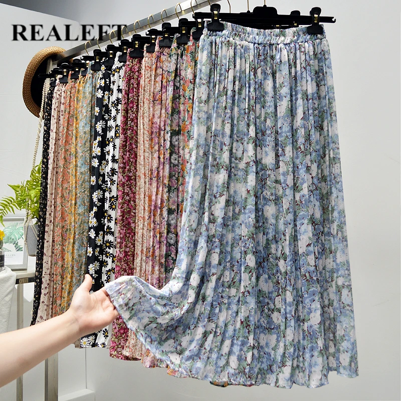 

REALEFT Summer Skirts Womens 2021 New Vintage Floral Print Chiffon Pleated Skirt Elastic High Waist Female Casual Mi-long Skirt