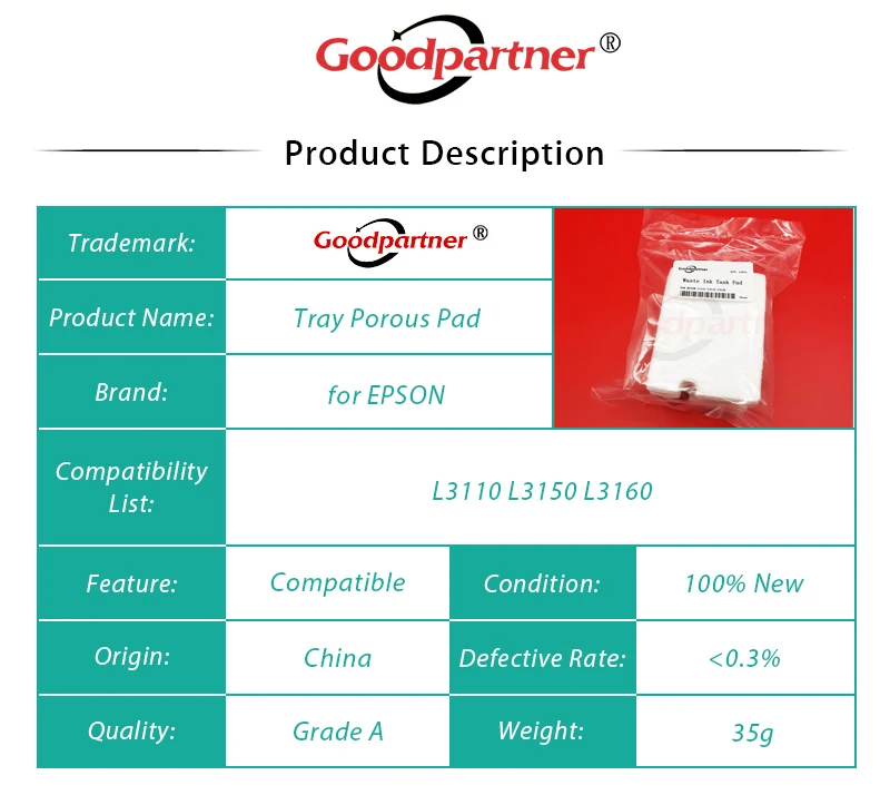 Tampon poreux pour boîte d'entretien, EPSON L3100, L3101, L3110, L3115, L3116, L3150, L3151, L3ACHL3158, L3160, L3165, L5190, 50X, 1830528, 1749772