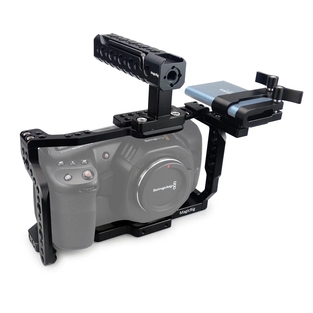 MAGICRIG Draagbare camerakooi met verstelbare handgreep + T5 SSD-kaartbevestigingsklem voor Blackmagic Pocket Cinema Camera BMPCC 4K & 6K