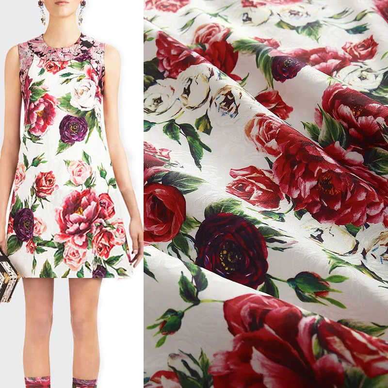 145cm Width Fashion Peony Rose Flower Printed Thin Jacquard Fabric For Woman Dress Coat Tissu Tela Хлопок материал DIY Cloth