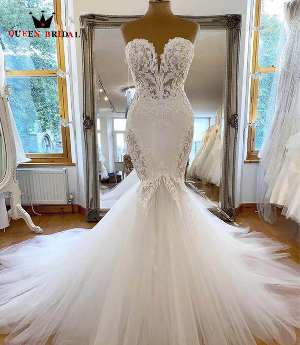 Robes de mariée sexy en dentelle sirène longue traîne Tulle Appliques perlée chérie sur mesure SH25