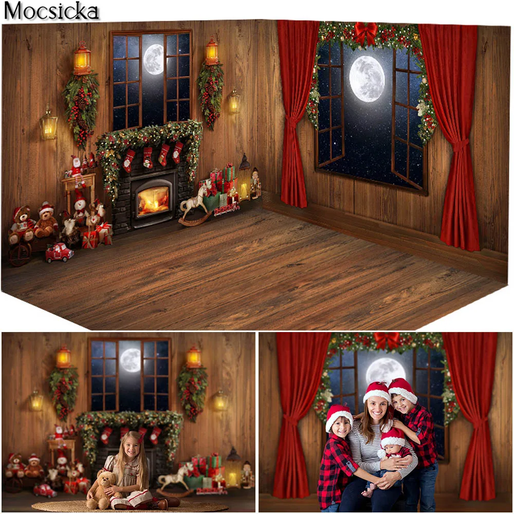 LATAR BELAKANG Anak Natal Musim Dingin untuk Fotografi Bulan Purnama Natal Dekorasi Perapian Foto Potret Anak-anak Latar Belakang Stan Studio