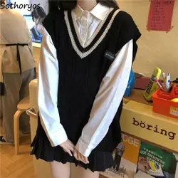 Women Sweater Vest Patchwork V-neck Preppy Students All-match JK Baggy Sleeveless Knitwear Sweaters Womens Leisure Korean Style