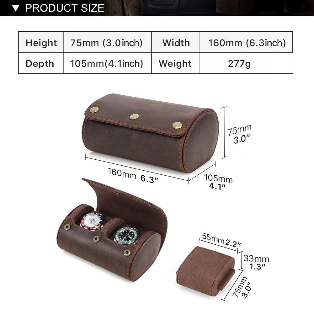 Vintage Leather 2 Slots Watch Roll Travel Case Chic Portable Display Watches Men Storage Box with Slid in Out Watch Organizers