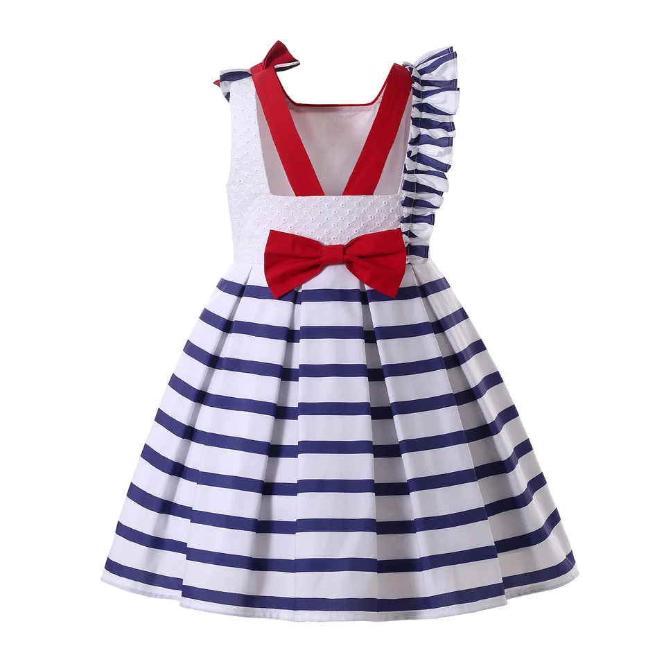 Pettigirl New Summer Children Kids Girls White Elegant Vintage Birthday Stripe Cotton Dresses Clothing Boutique Age 2 7 8 12 14y
