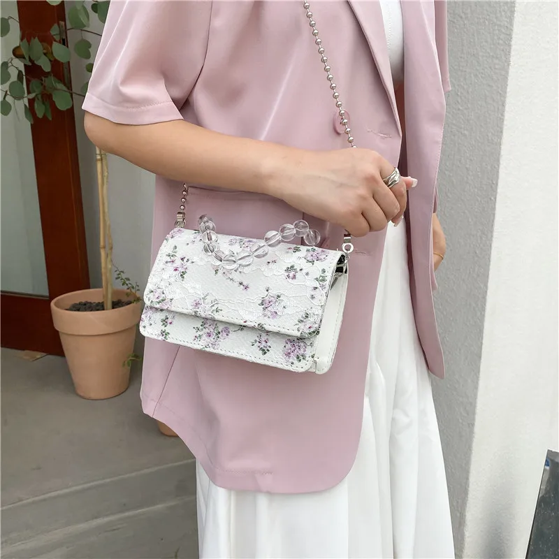 Fashion Women Net Yarn PU Leather Shoulder Bag Flower Lace Embroidery Crossbody Bag Casual Ladies Pearl Chain Mini Flap Bag