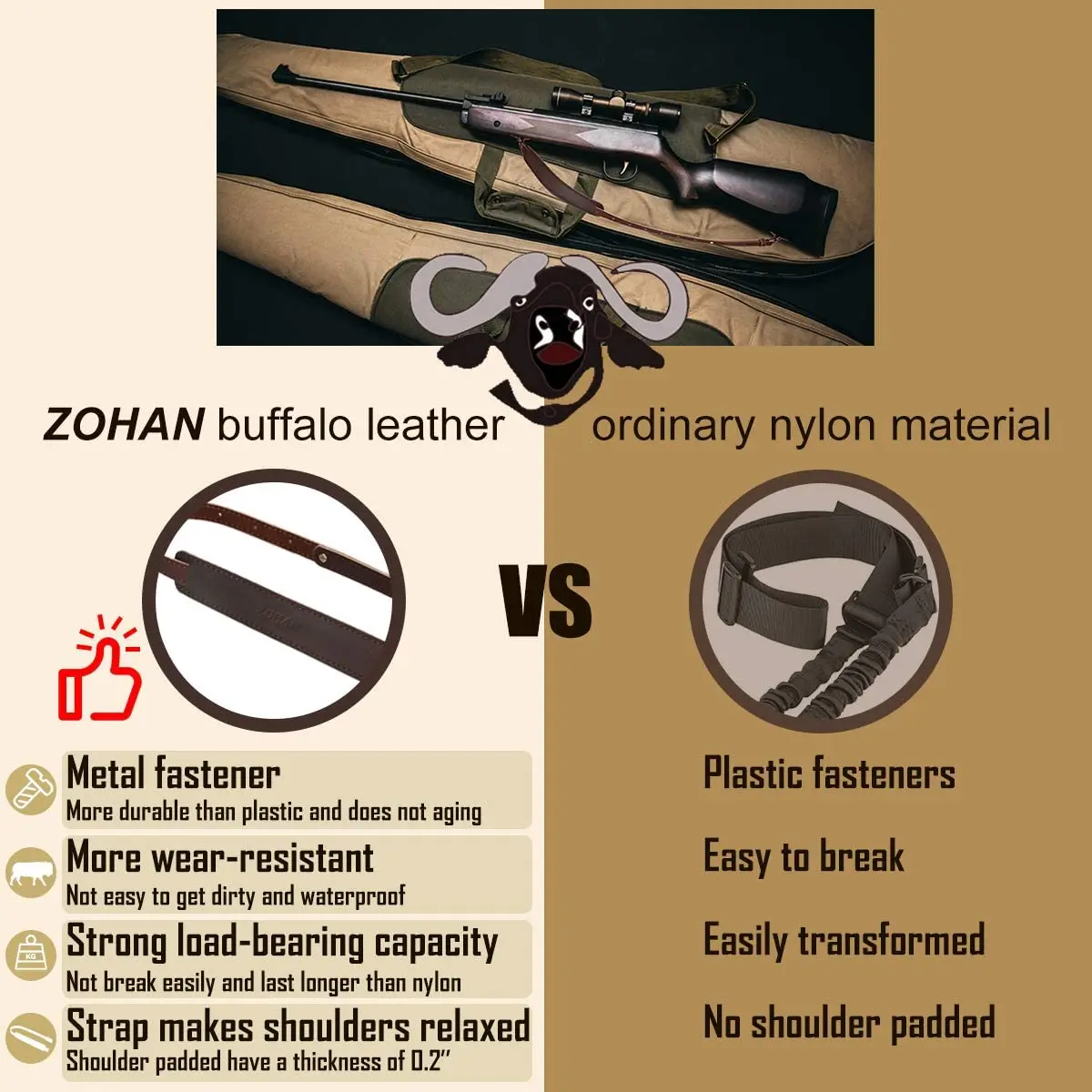 ZOHAN 2 Point Leather Rifle Sling Adjustable Shoulder Padding Shotgun Shooting Tactical Strap Hunting Gun Accessory