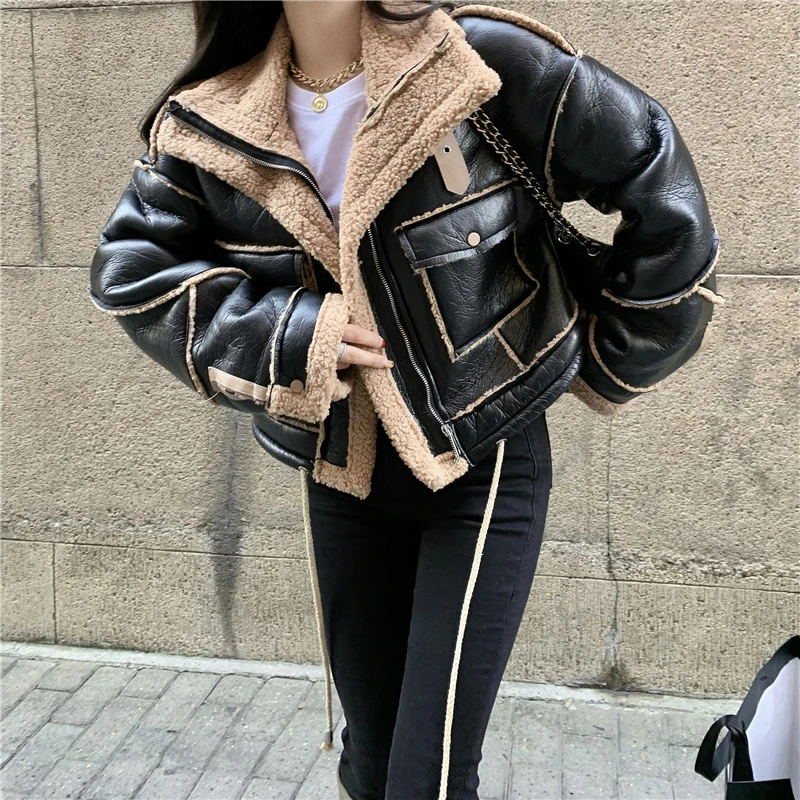 Women's Winter Fur Integration Jacket Black PU Leather Jackets Coat Locomotives Jackets  Women Thickening Lint Jacket Coats