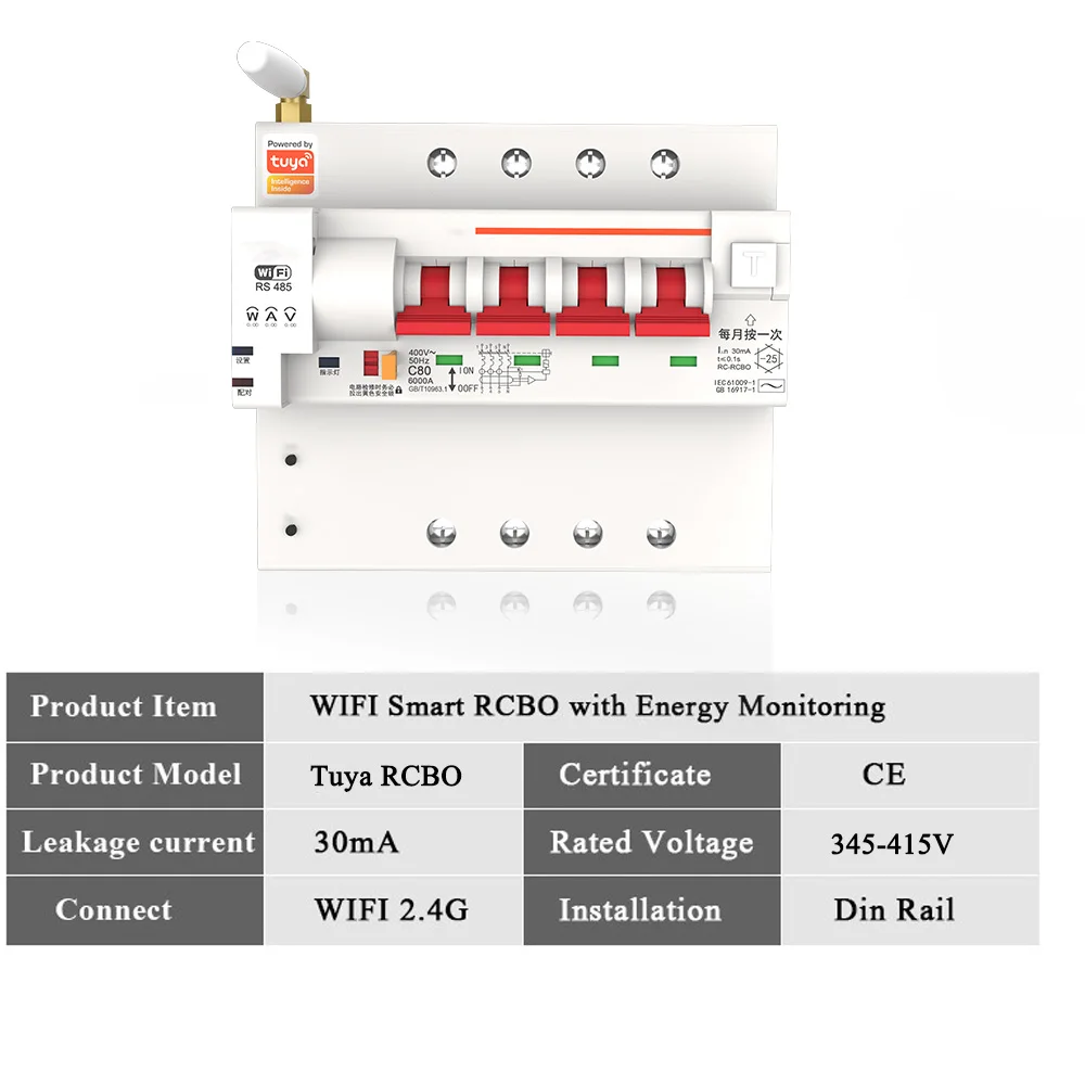 Tuya Smart Life APP RCBO Circuit Breaker with Power Monitoring 4P WiFi RCBO MCB Leakage Current Short Circuit Protection Alexa