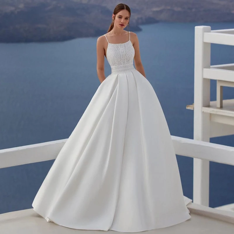 Robe de mariée Sexy à bretelles Spaghetti, avec poche en dentelle, Satin blanc/ivoire, robes de soirée de mariage, grande taille