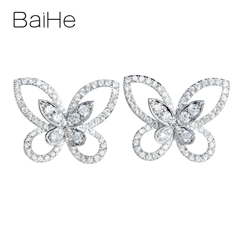 

BAIHE Solid 14K White Gold H/SI Diamond Butterfly Stud Earrings Women Trendy Fine Jewelry Pendientes Mariposa أقراط فراشة