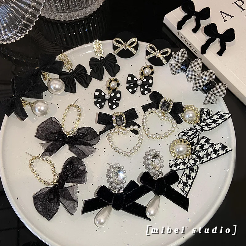 FFLACELL 2021 New Black Bow Earrings Collection Women Girls Earrings Sweet Temperament Party Earrings