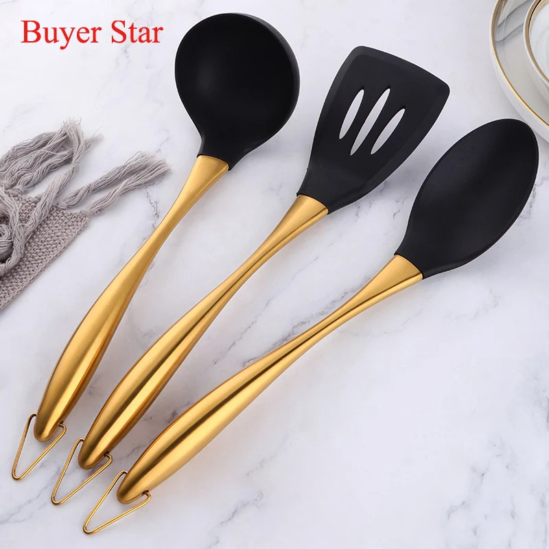 1pc Silicone Cooking Utensil Set Stainless steel Handle Spatula Soup Spoon Ladle Pasta Colander Non-stick Cookware Kitchen Tools