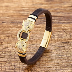 Animal Shape AAA Cubic Zirconia Bracelet Brown Genuine Leather Women Wrist Bracelets Luxury Jewelry Fashion Men's Bangles