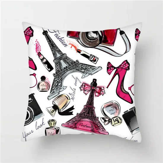 Hand painted makeup polyester cushion cover lipstick perfume bottle eye shadow cushion cover home bedroom hotel car decoration .