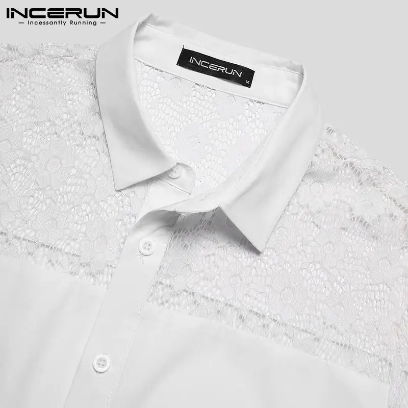 INCERUN-camisa de malla de encaje para hombre, ropa de calle de manga corta con solapa, transparente, Sexy, para fiesta, verano, 2024