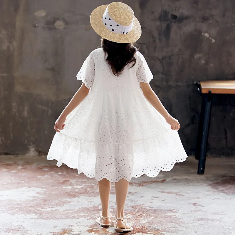 2024 Summer hollow Dresses White kid baby party mesh princess Girls Mid Long lace Patchwork Teenager dress 6 8 to 10 12 14 Years