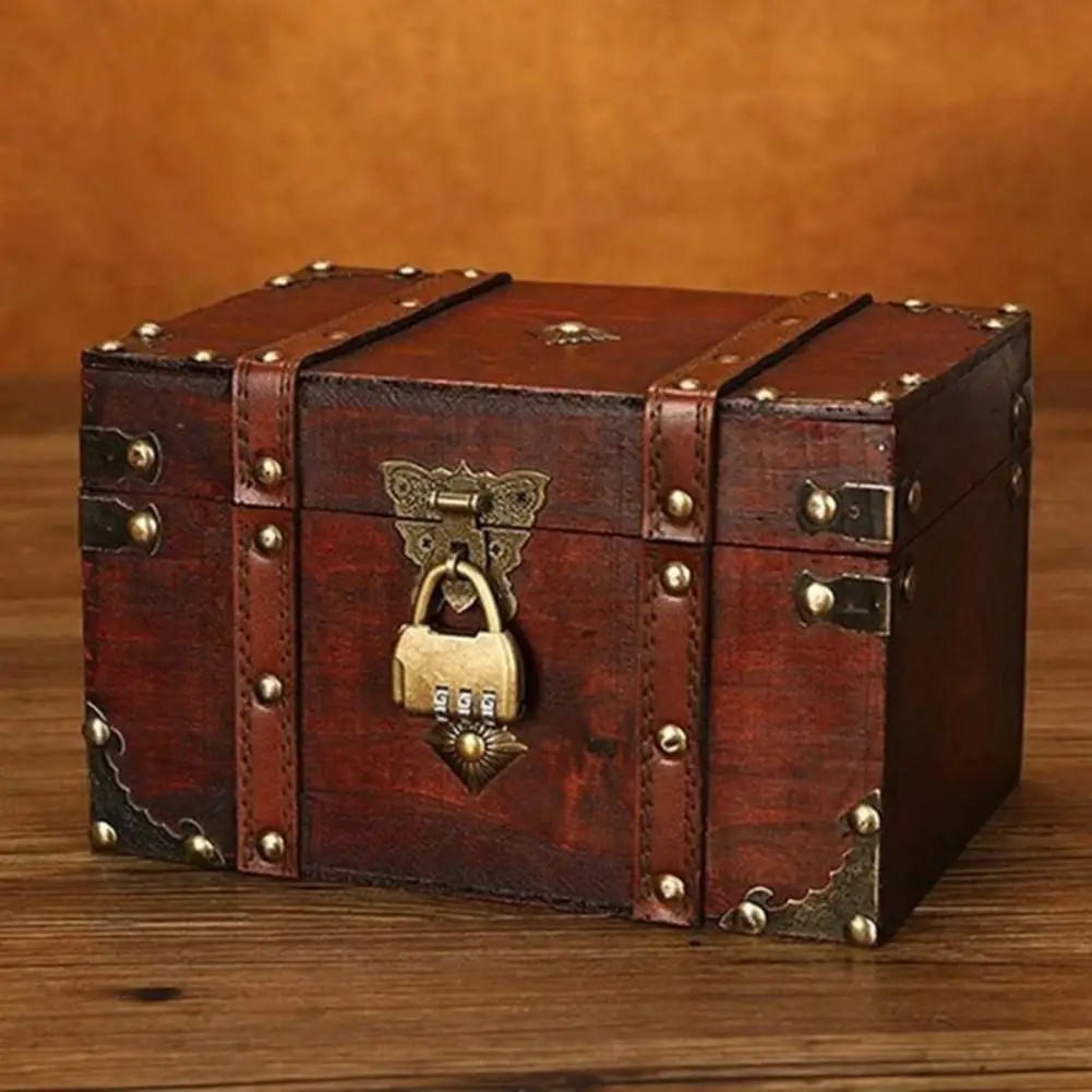 Fashion Retro Wooden Chest with  Antique Copper-colored Lock Treasure Chest Covered Design Dustproof Wooden Sundries Organizer