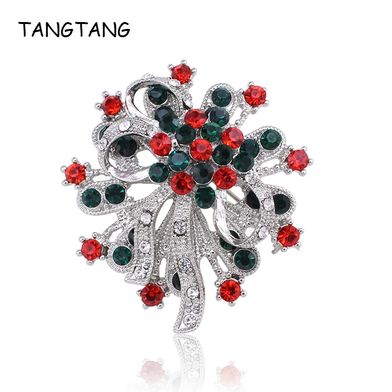 TANGTANG Brooch Red Green Flower Christmas Pins and Brooches Rhinestone Crystal Brooch Pin Gift For Women Girls Alloy Plated