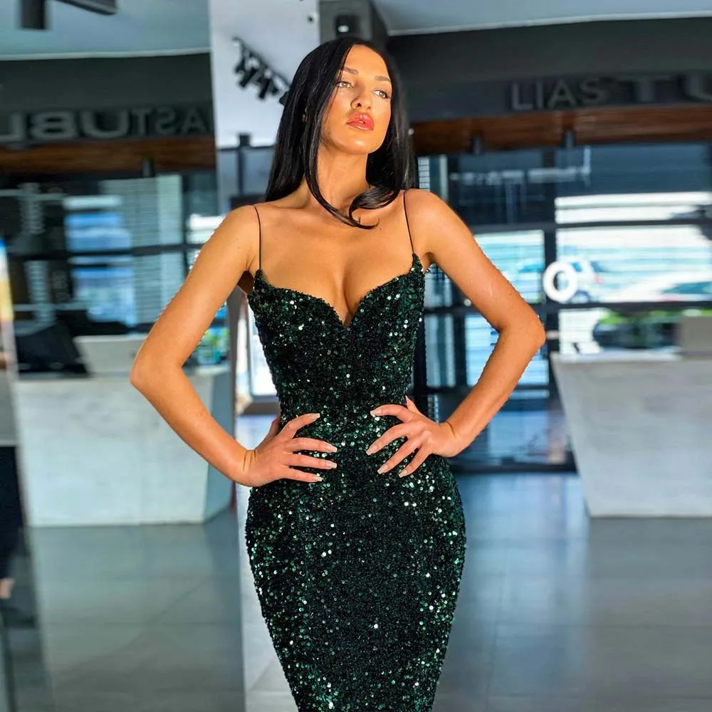 Em zhu sexy lantejoulas verdes longo sereia vestidos de noite sem mangas alças com decote em v robe de soirée femme formal feminino vestido de festa