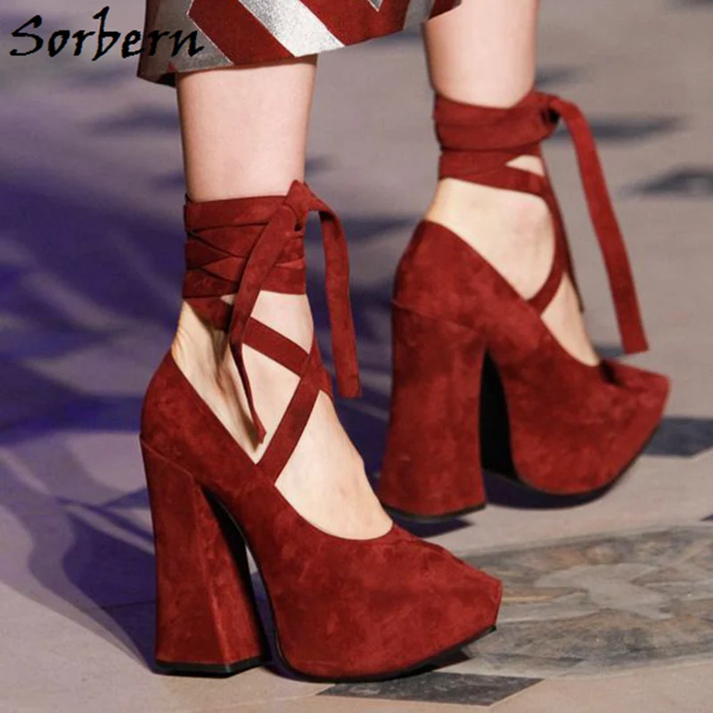 Sorbern Wine Red Women Pumps Block Heels Chunky High Heel Shoes Ankle Straps Wrapped Platform Shoes 2020 New Custom Colors